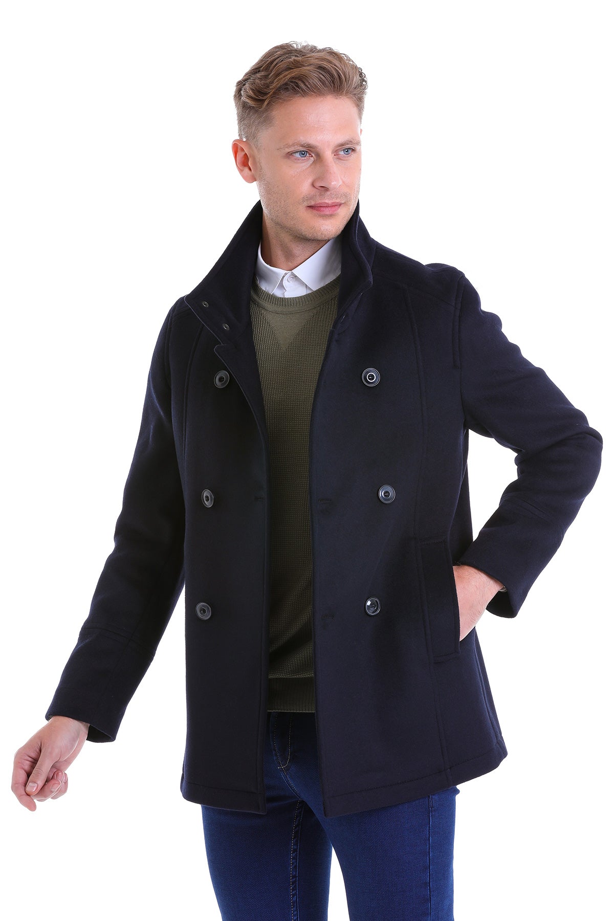 Slim Fit Cachet Double Breasted Navy Wool Blend Coat - SAYKI