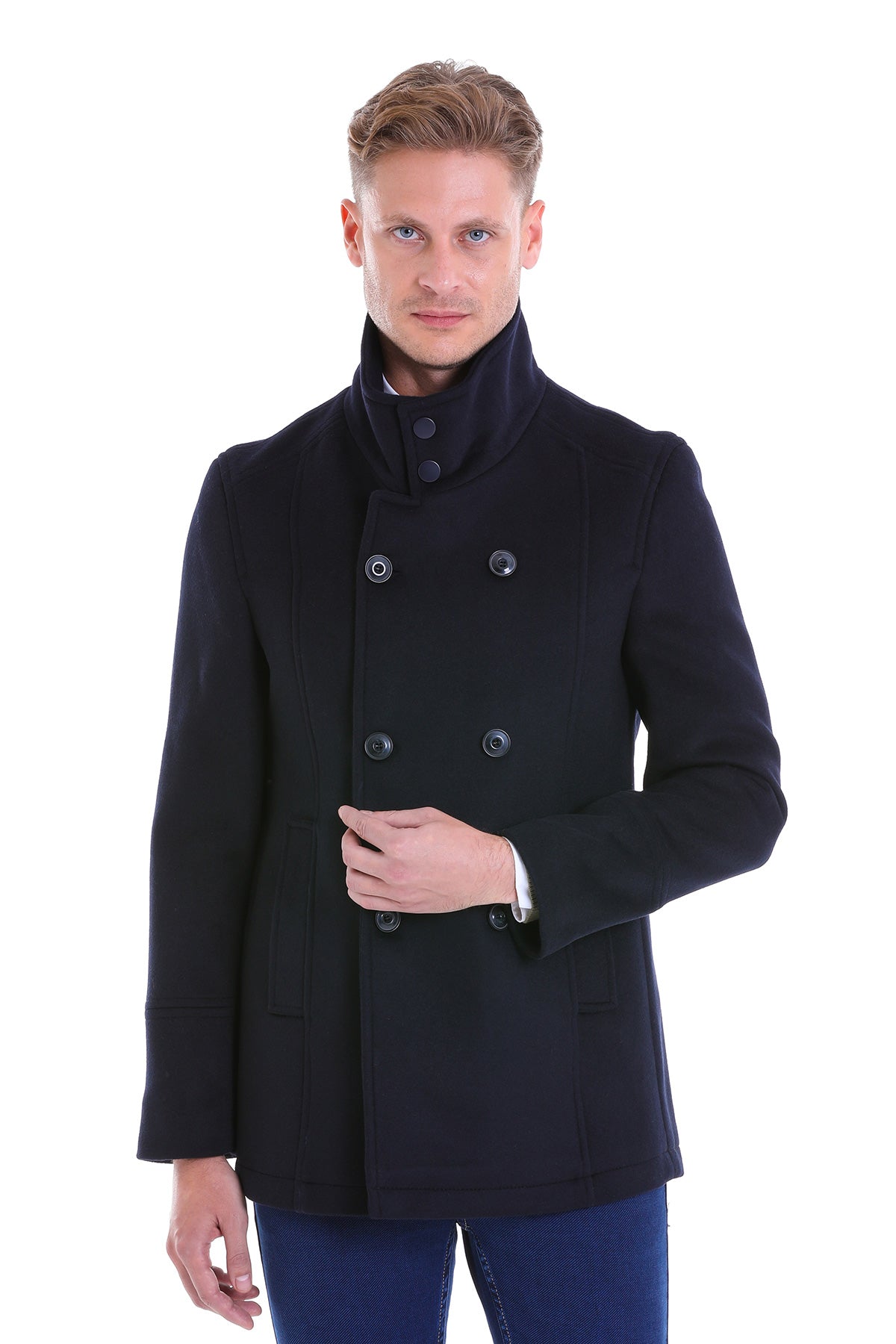 Slim Fit Cachet Double Breasted Navy Wool Blend Coat - SAYKI