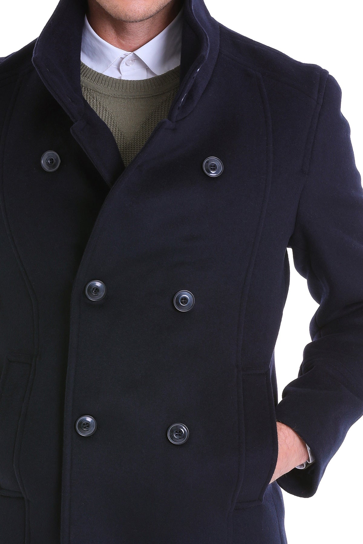 Slim Fit Cachet Double Breasted Navy Wool Blend Coat - SAYKI