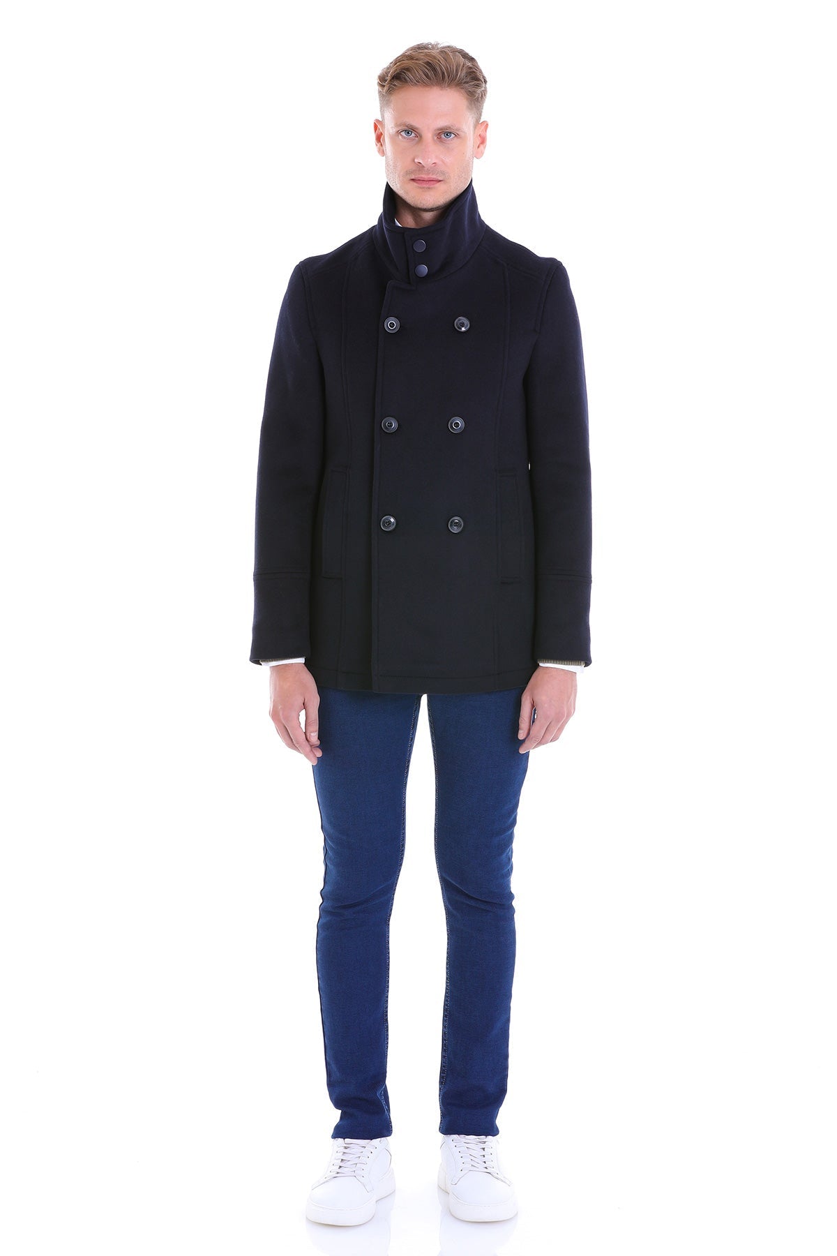 Slim Fit Cachet Double Breasted Navy Wool Blend Coat - SAYKI