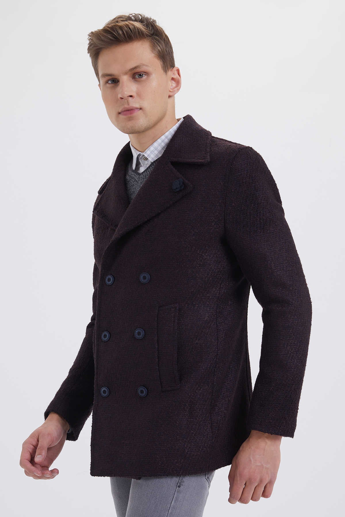 Slim Fit Cachet Double Breasted Wool Blend Burgundy D. Coat