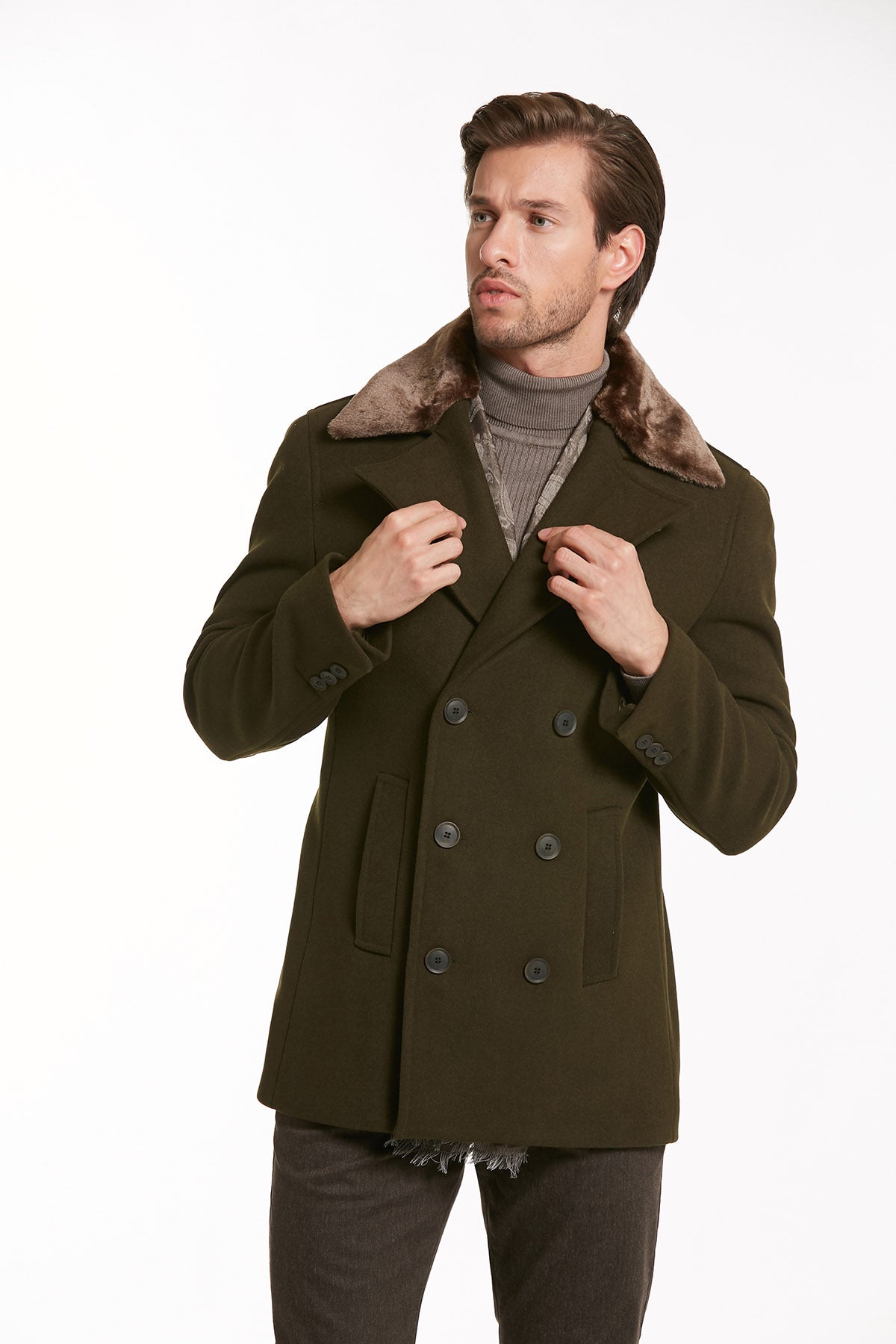 Slim Fit Cachet Double Breasted Wool Blend Light Gray Coat