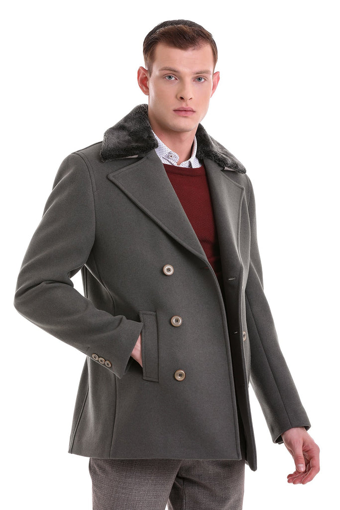 Slim Fit Cachet Double Breasted Wool Blend Light Gray Coat