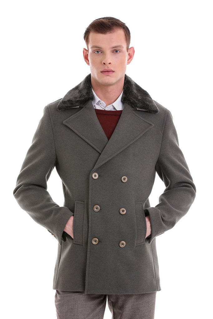 Slim Fit Cachet Double Breasted Wool Blend Light Gray Coat