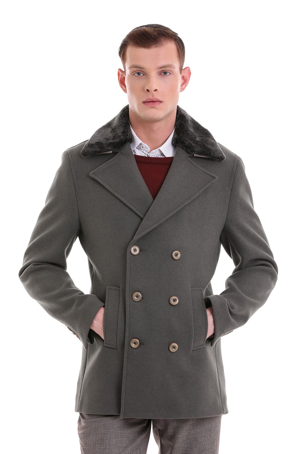 Slim Fit Cachet Faux Fur Collar Mold Green Wool Blend Coat