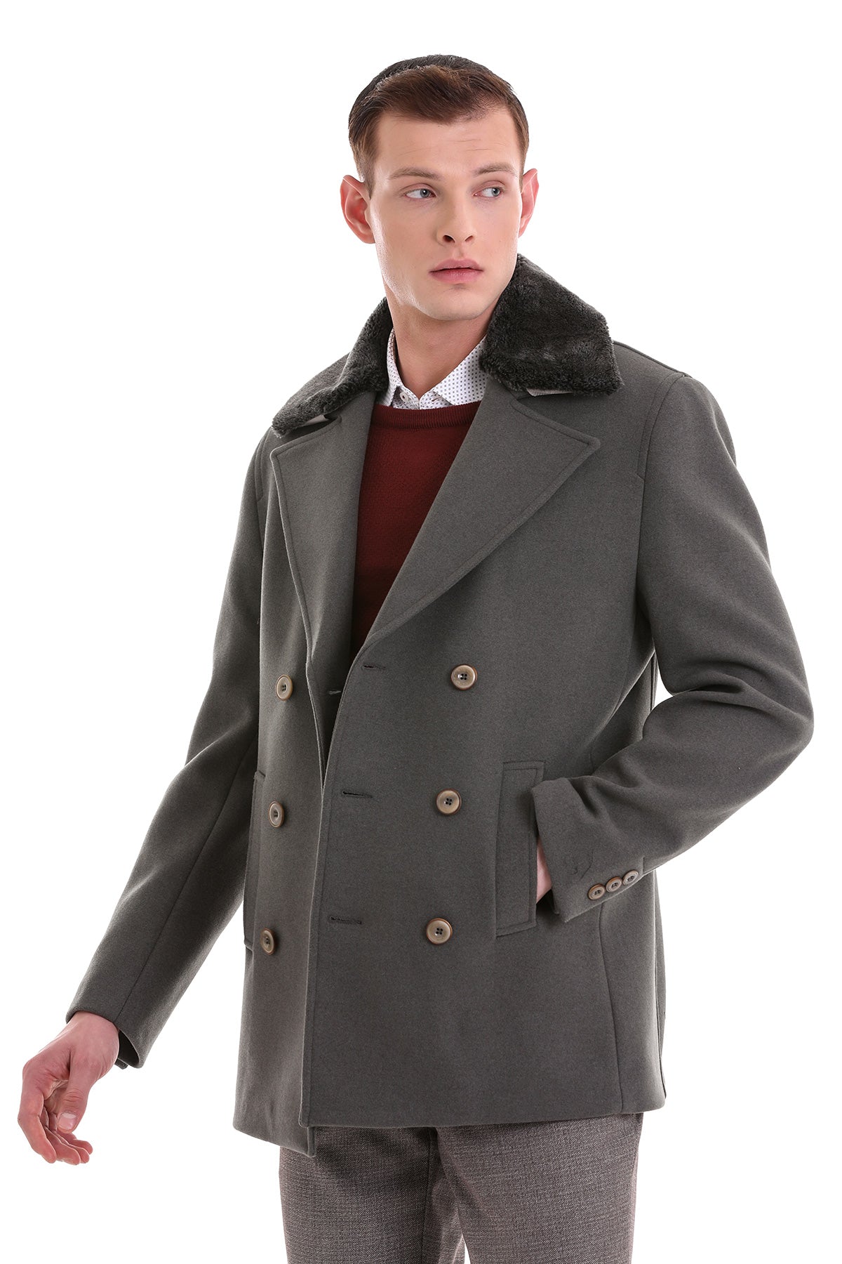 Slim Fit Cachet Faux Fur Collar Mold Green Wool Blend Coat