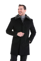 Slim Fit Cachet Flat Collar Black Wool Blend Overcoat