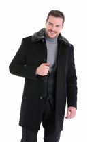 Slim Fit Cachet Flat Collar Black Wool Blend Overcoat