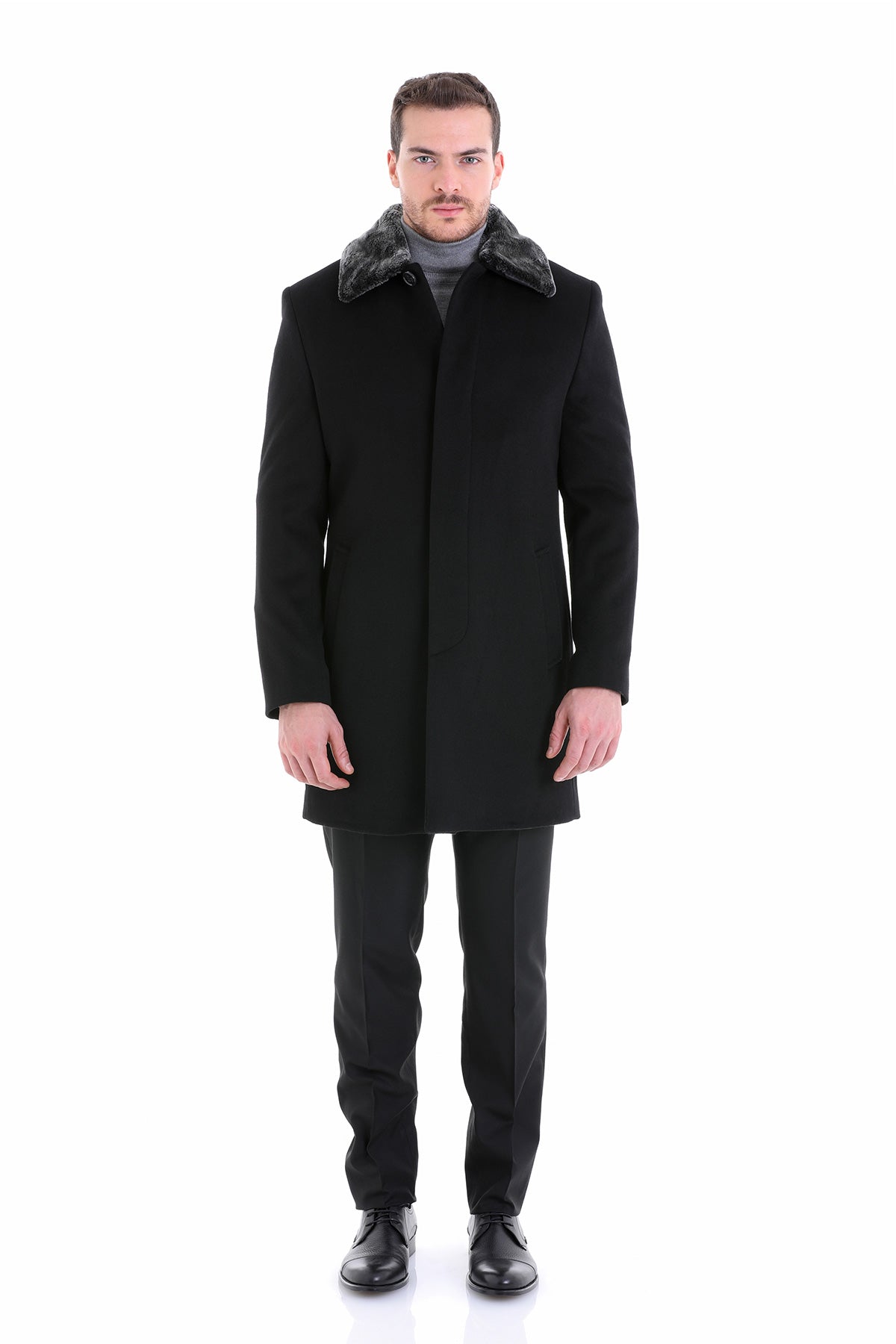 Slim Fit Cachet Flat Collar Black Wool Blend Overcoat