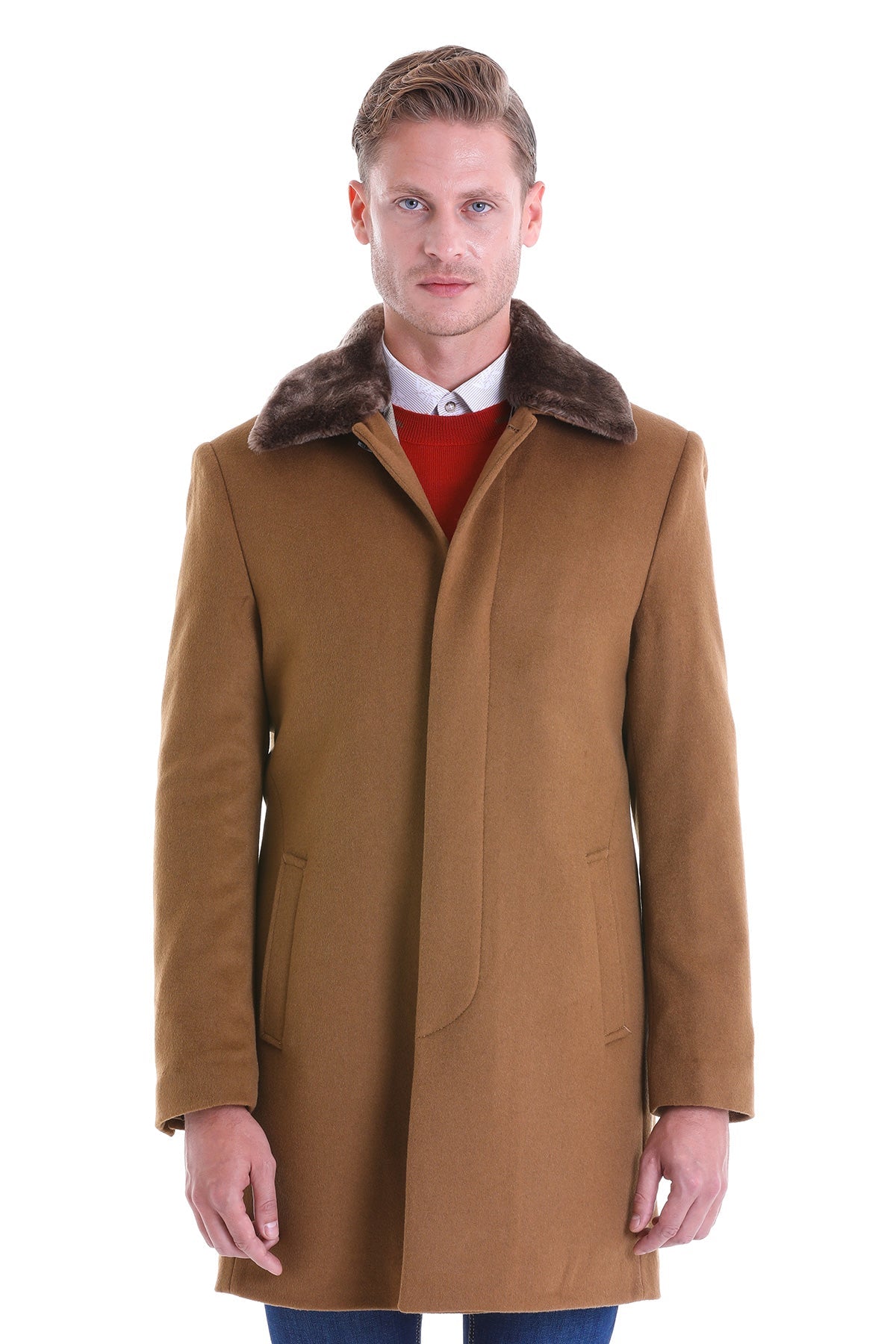 Slim Fit Cachet Flat Collar Camel Wool Blend Overcoat