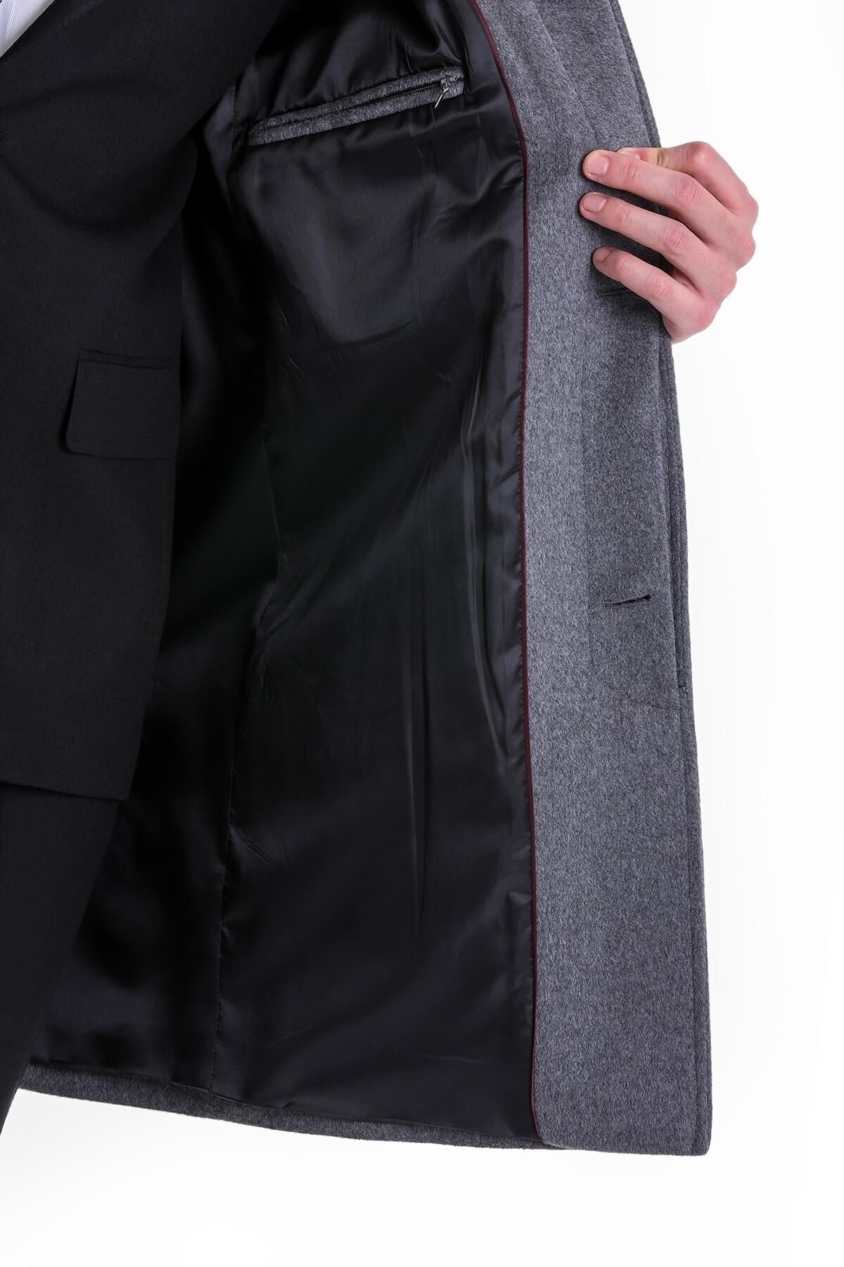 Slim Fit Cachet Flat Collar Gray Wool Blend Overcoat - SAYKI