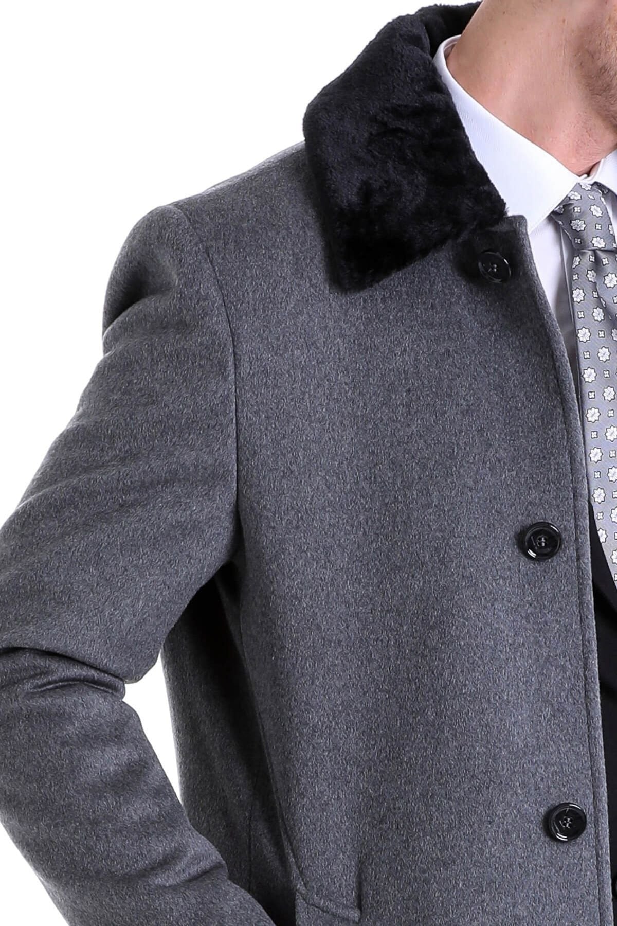 Slim Fit Cachet Flat Collar Gray Wool Blend Overcoat - SAYKI