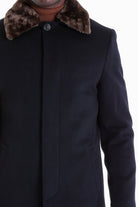 Slim Fit Cachet Flat Collar Navy Wool Blend Overcoat - SAYKI