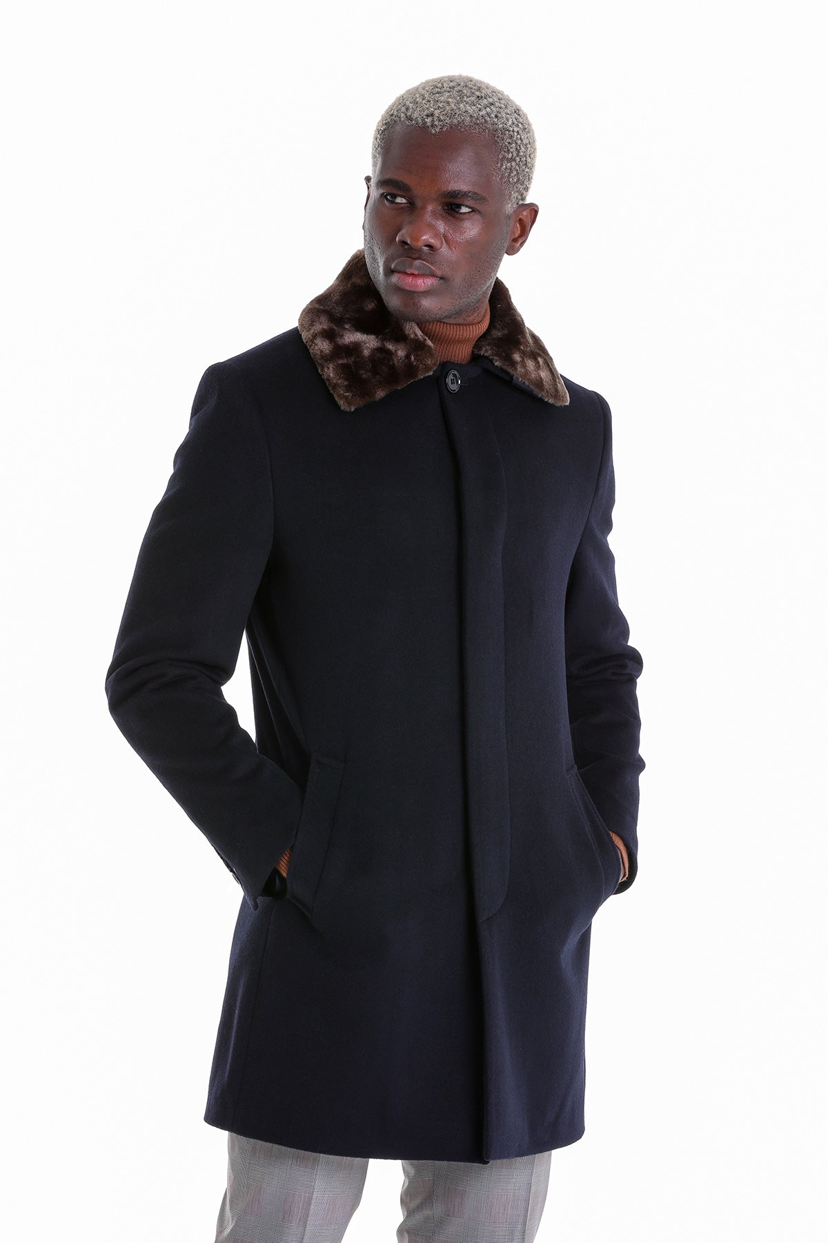 Slim Fit Cachet Flat Collar Navy Wool Blend Overcoat - SAYKI