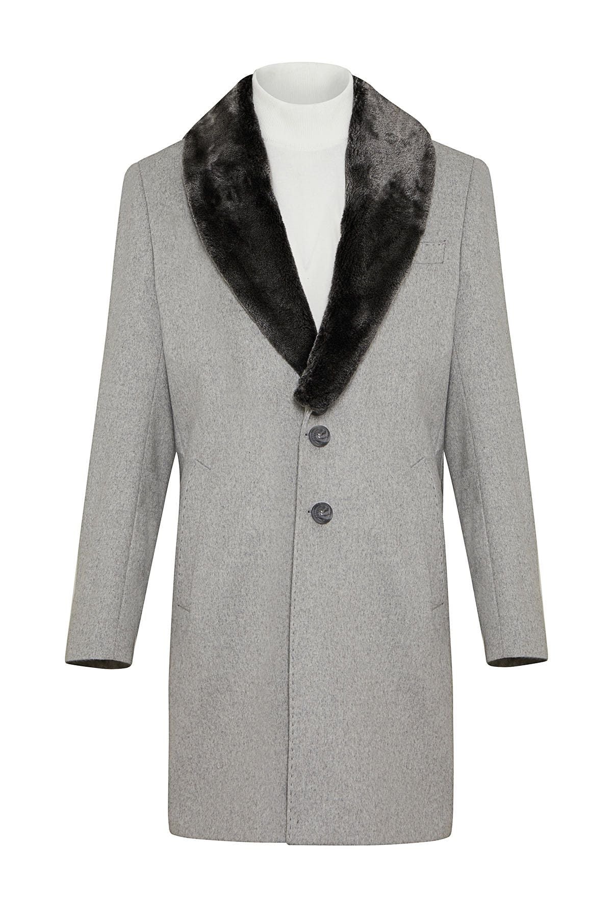 Slim Fit Cachet Light Gray Wool Blend Overcoat - SAYKI