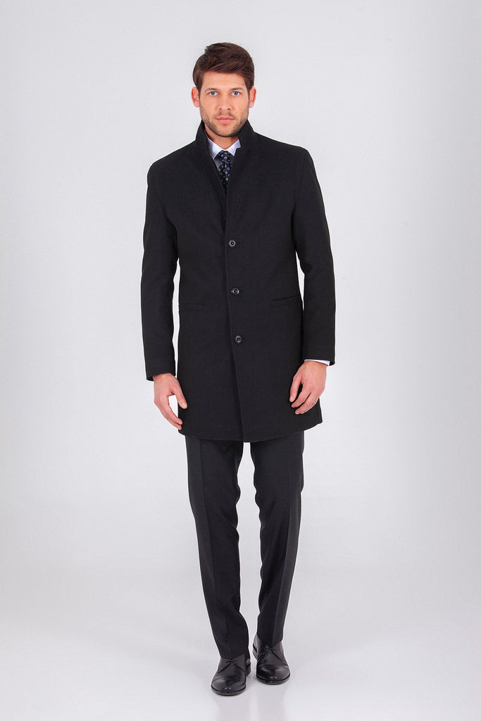 Slim Fit Cachet Madrid Notch Lapel Camel Overcoat Black