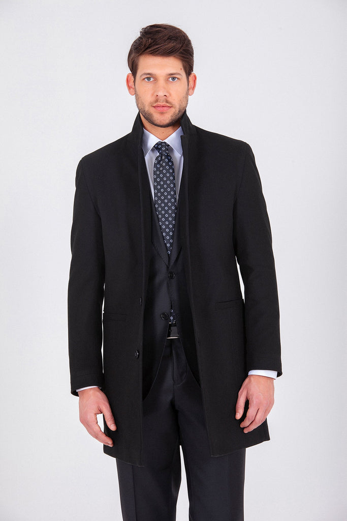 Slim Fit Cachet Madrid Notch Lapel Camel Overcoat Black