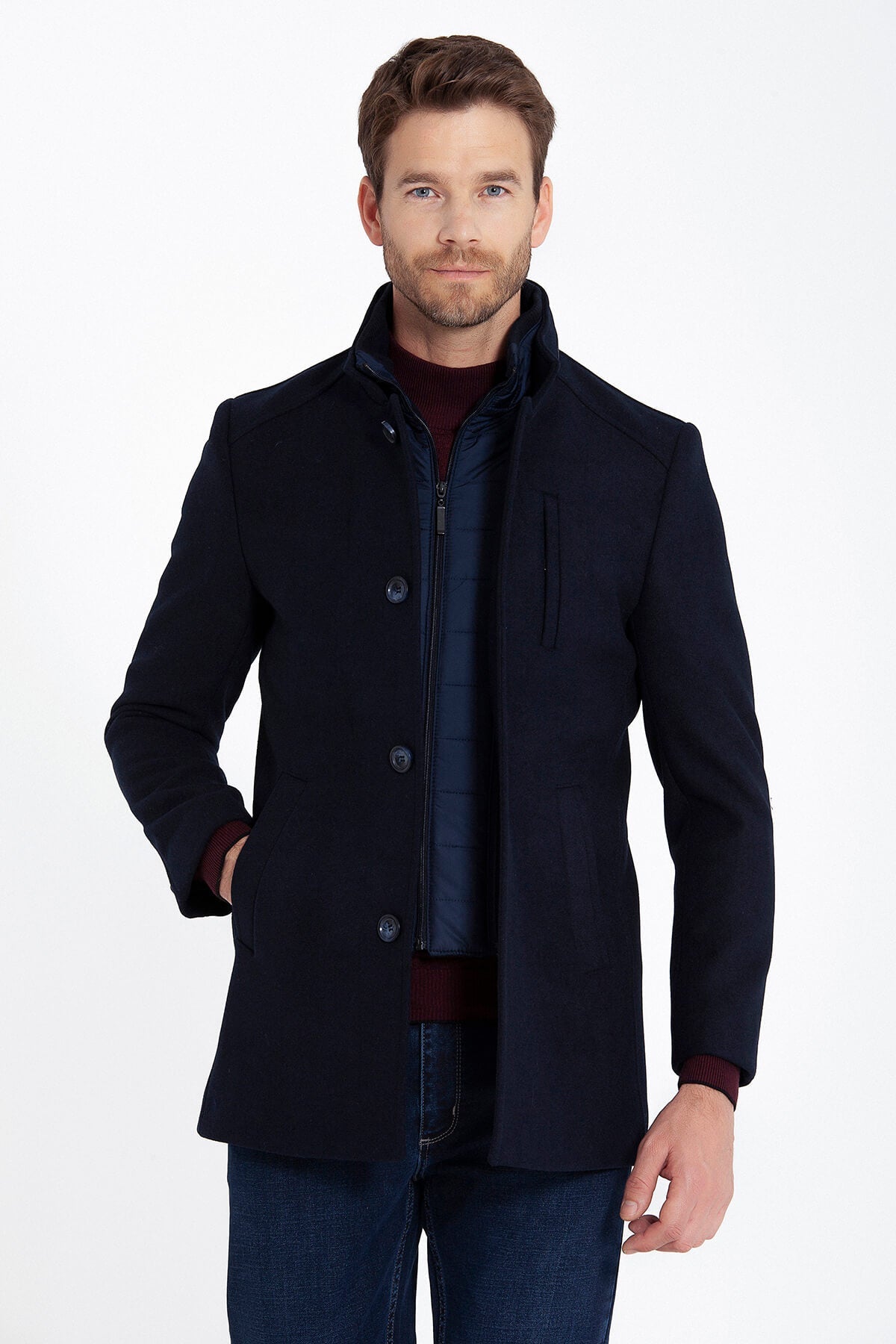 Slim Fit Cachet Manhattan Stand Collar Wool Blend Navy