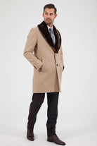 Slim Fit Cachet Notch Lapel Beige Wool Blend Overcoat - MIB