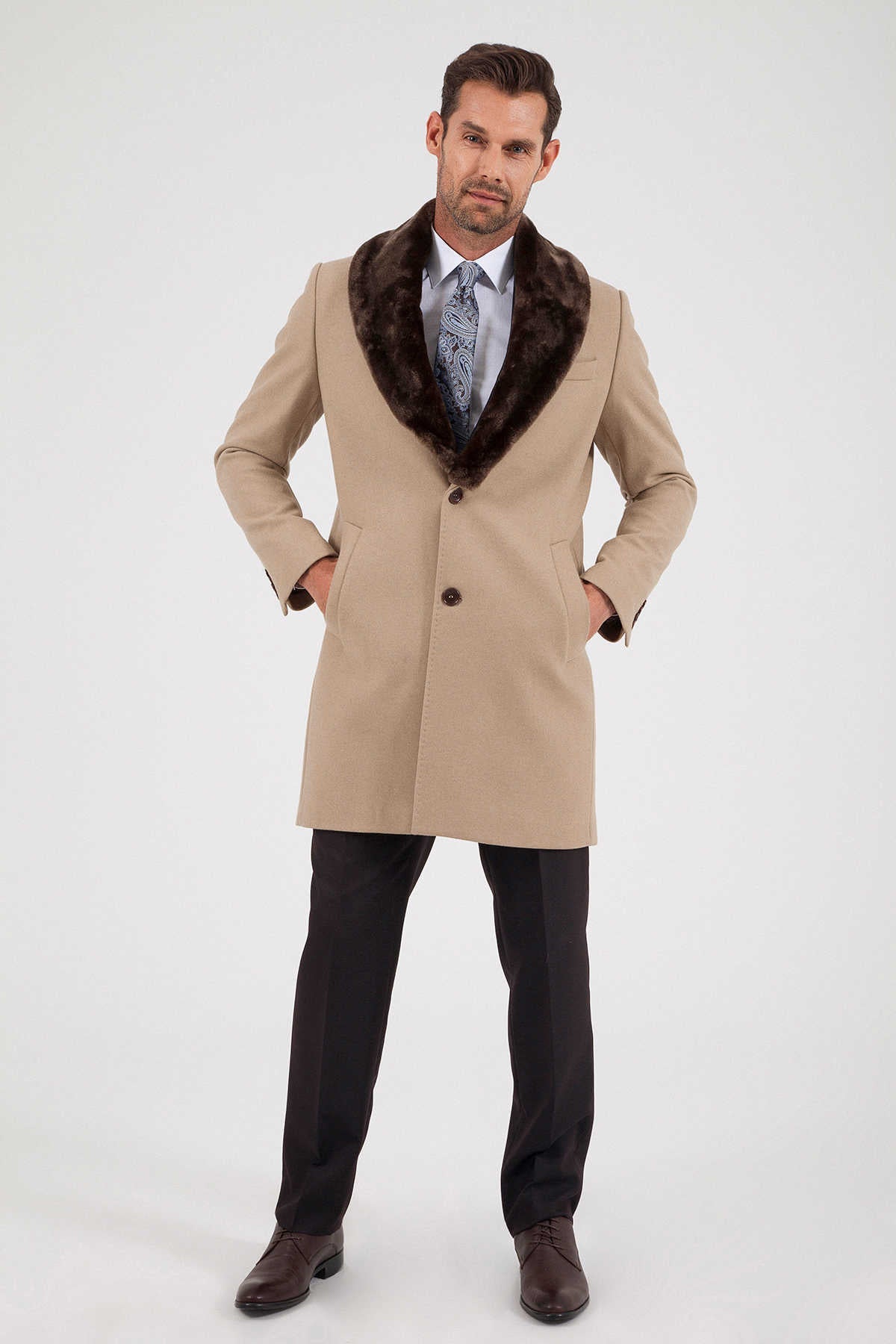 Slim Fit Cachet Notch Lapel Beige Wool Blend Overcoat - MIB