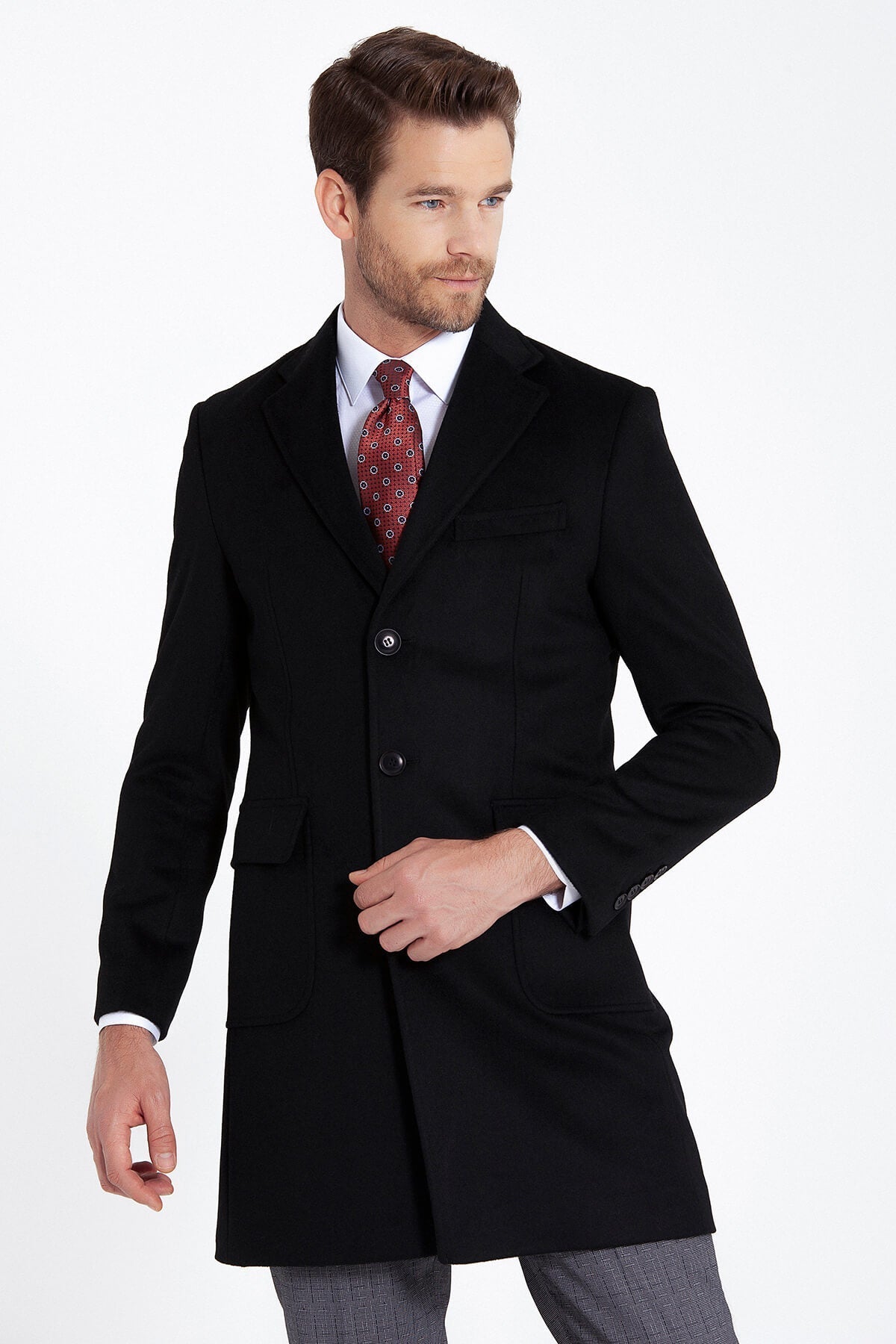 Slim Fit Cachet Notch Lapel Black Wool Blend Overcoat - MIB