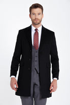 Slim Fit Cachet Notch Lapel Black Wool Blend Overcoat - MIB