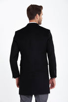 Slim Fit Cachet Notch Lapel Black Wool Blend Overcoat - MIB