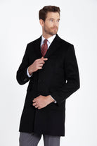 Slim Fit Cachet Notch Lapel Black Wool Blend Overcoat - MIB