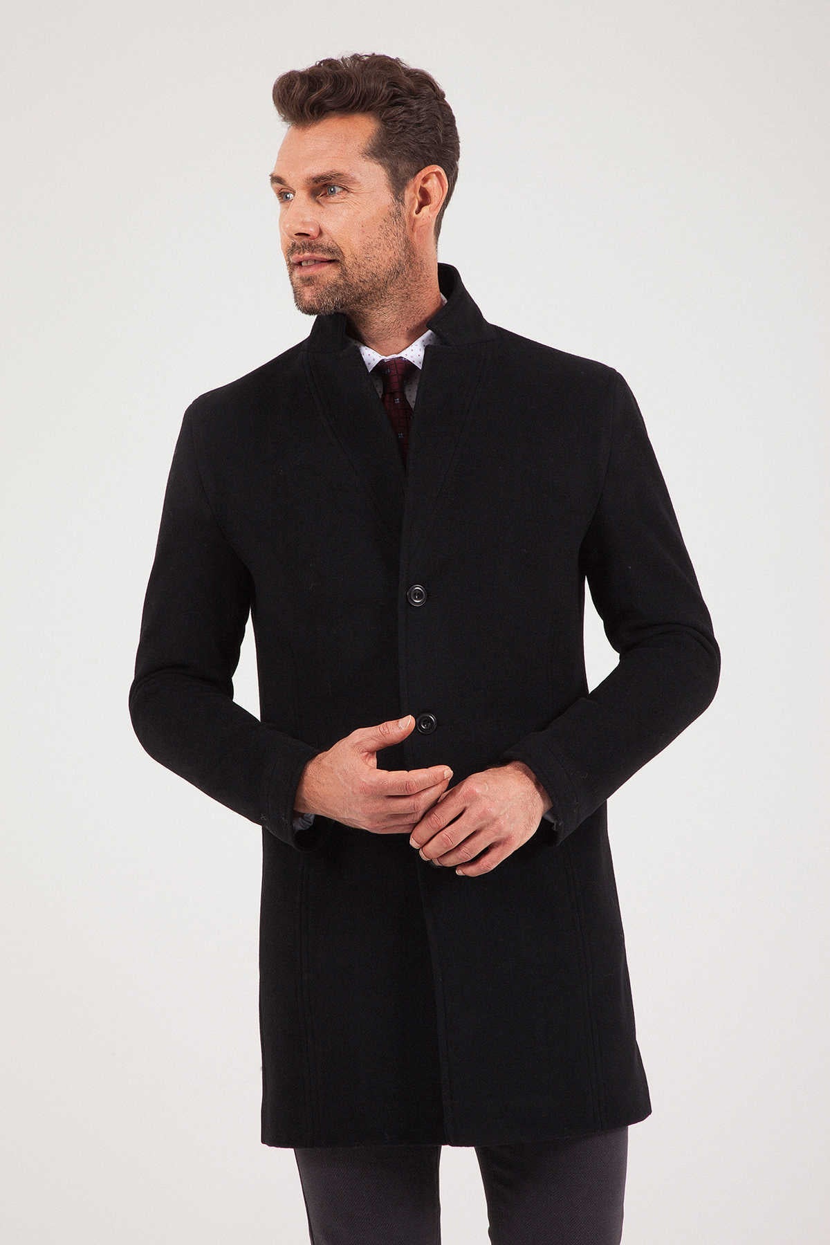 Slim Fit Cachet Notch Lapel Black Wool & Cashmere Overcoat