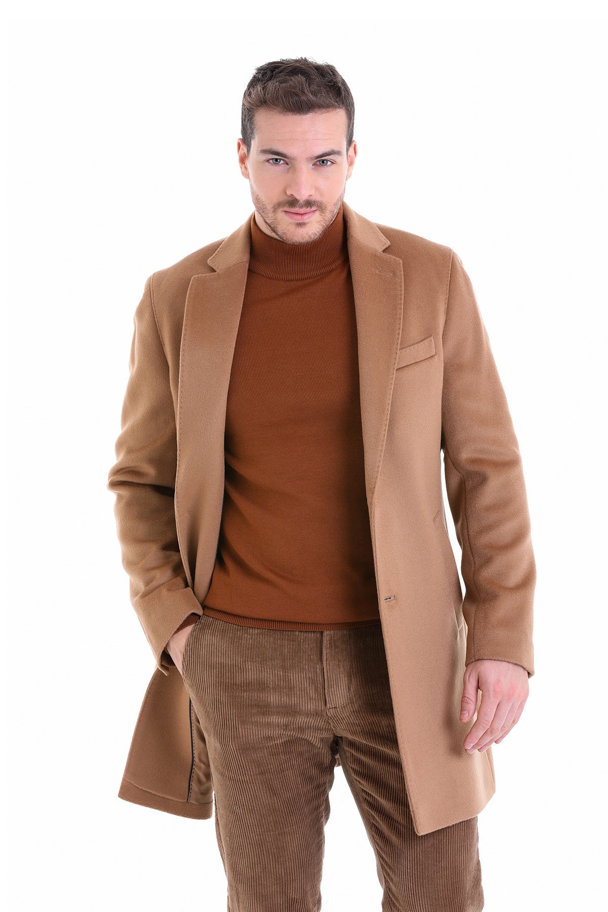 Slim Fit Cachet Notch Lapel Camel Wool Overcoat - SAYKI