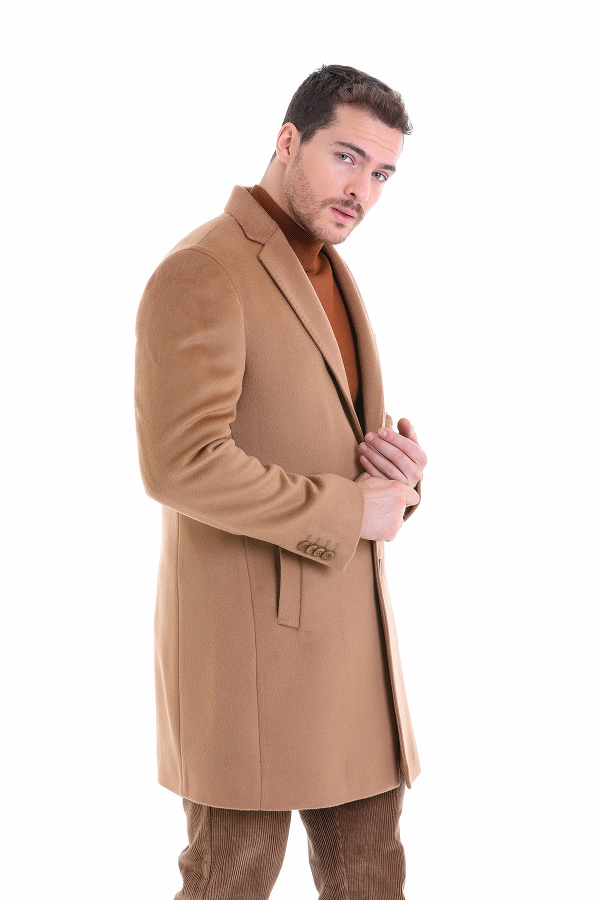 Slim Fit Cachet Notch Lapel Camel Wool Overcoat - SAYKI