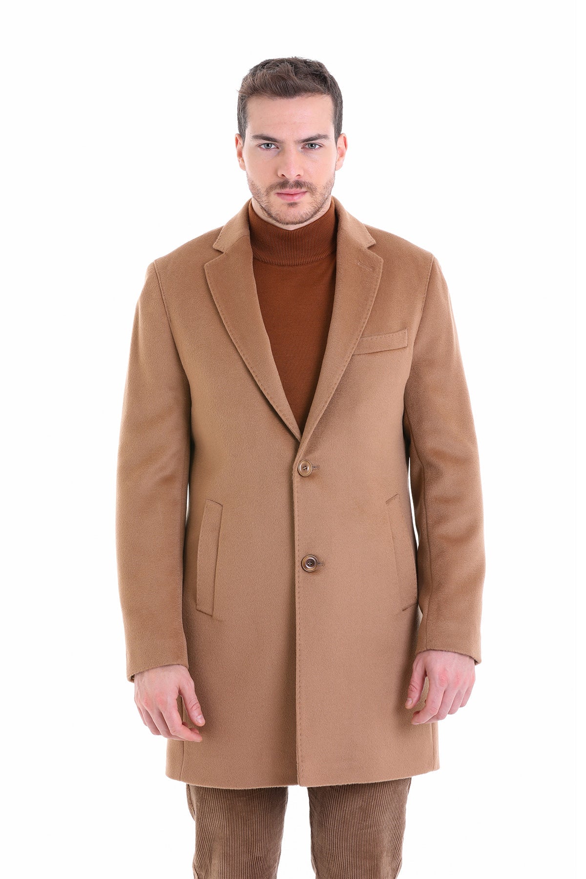 Slim Fit Cachet Notch Lapel Camel Wool Overcoat - SAYKI