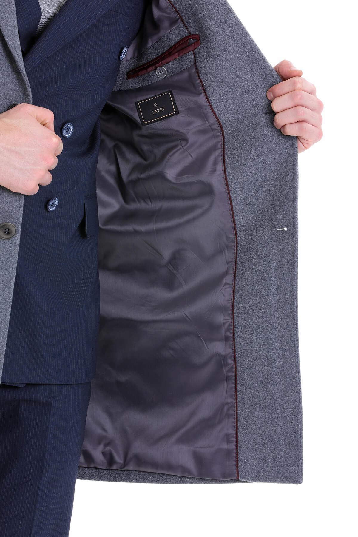 Slim Fit Cachet Notch Lapel Gray Wool Blend Overcoat - SAYKI