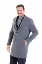 Slim Fit Cachet Notch Lapel Gray Wool Blend Overcoat - SAYKI