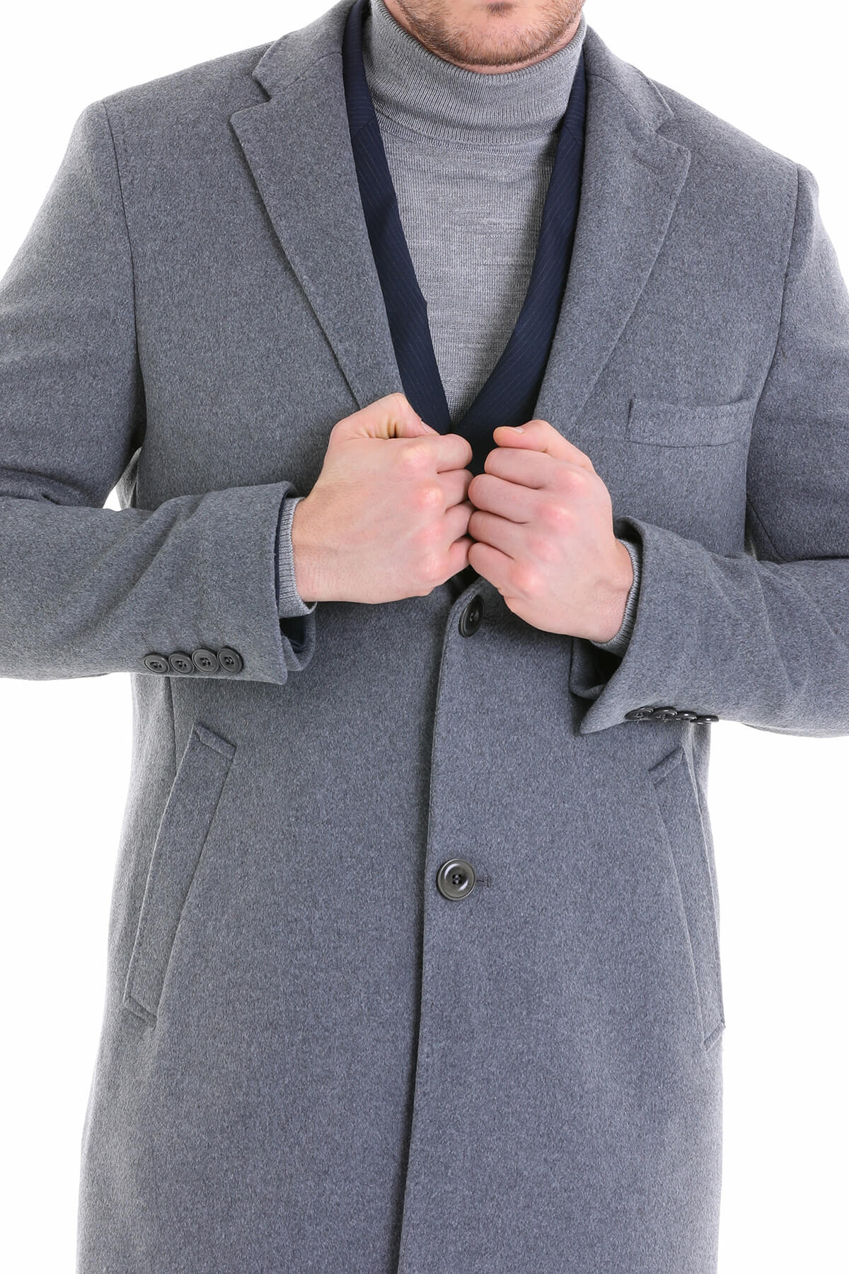 Slim Fit Cachet Notch Lapel Gray Wool Blend Overcoat - SAYKI