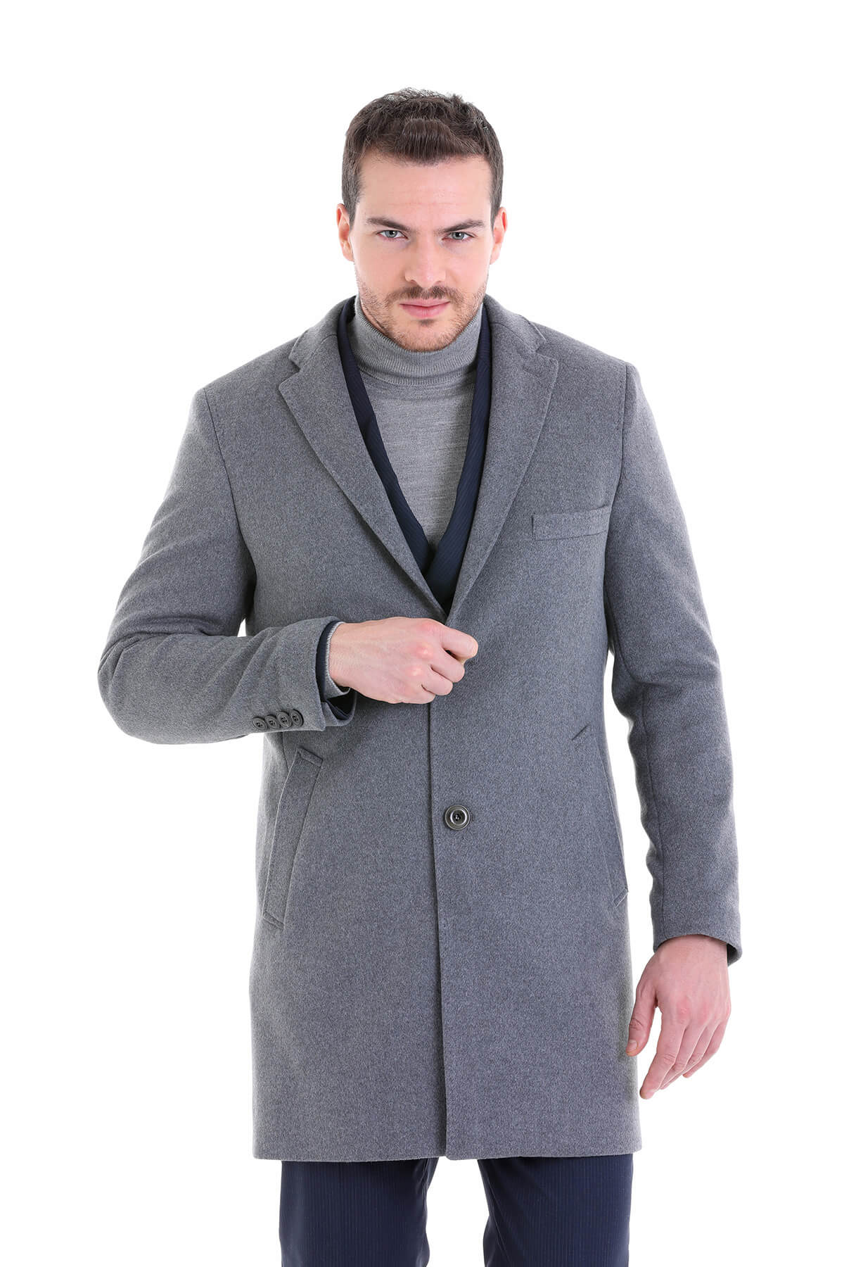 Slim Fit Cachet Notch Lapel Gray Wool Blend Overcoat - SAYKI