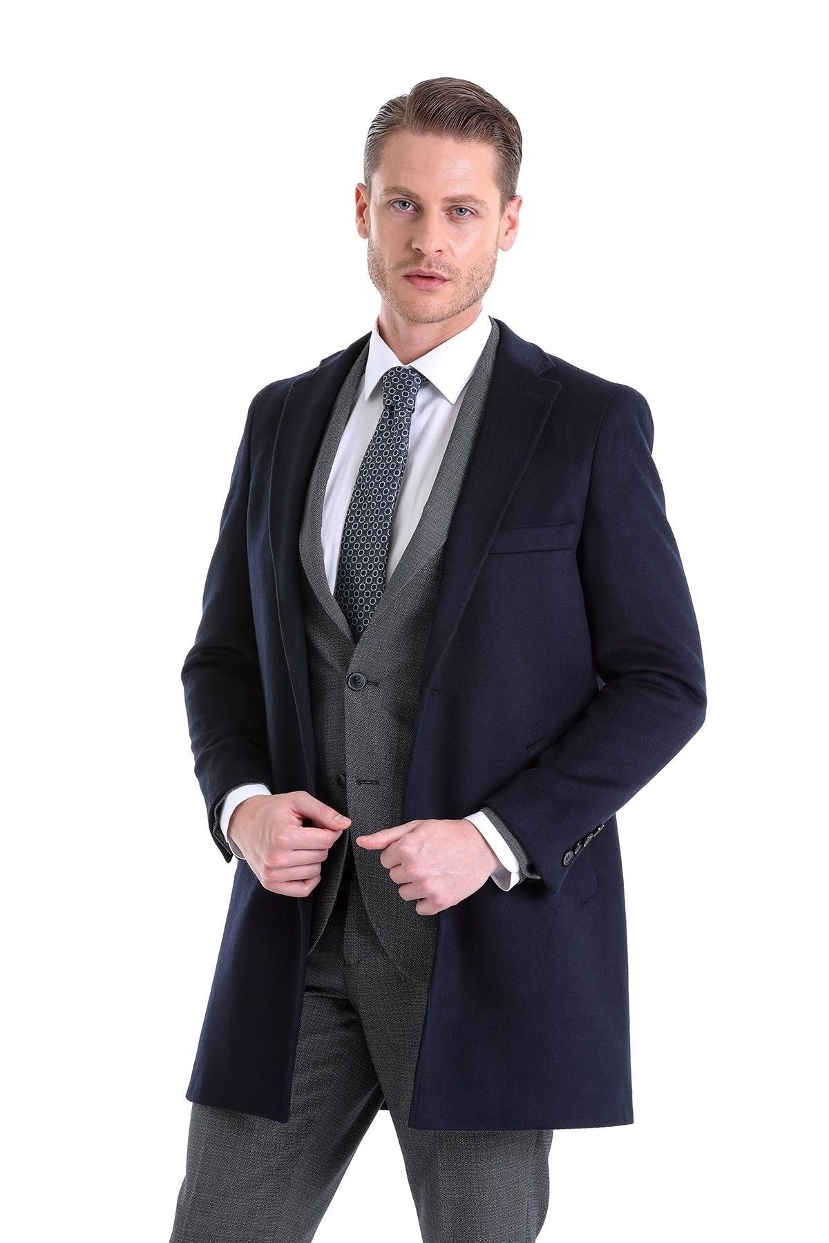 Slim Fit Cachet Notch Lapel Navy Wool Blend Overcoat - SAYKI