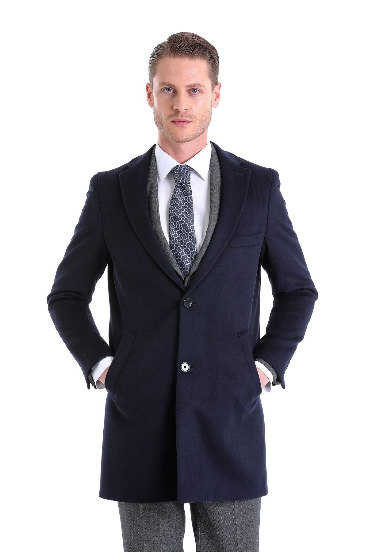 Slim Fit Cachet Notch Lapel Navy Wool Blend Overcoat - SAYKI