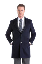 Slim Fit Cachet Notch Lapel Navy Wool Blend Overcoat - SAYKI