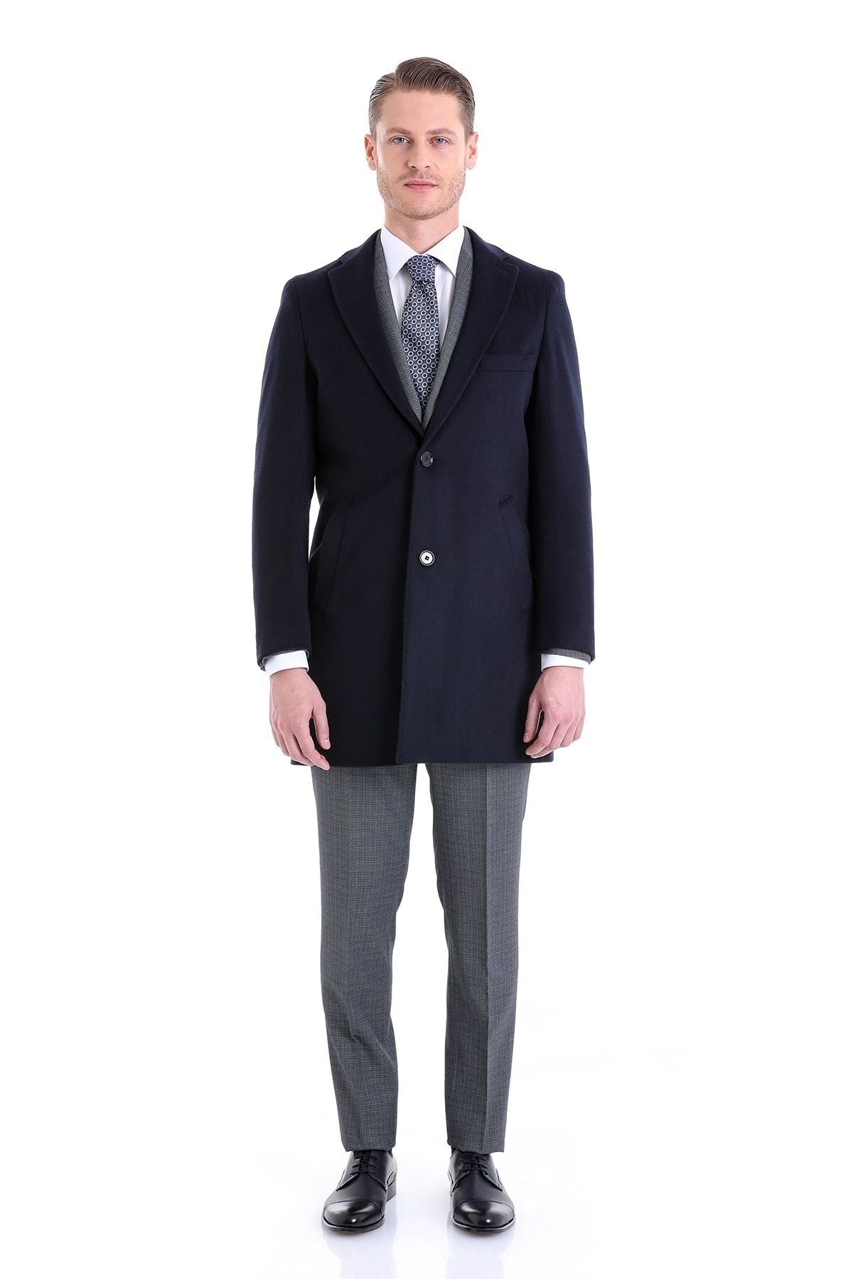 Slim Fit Cachet Notch Lapel Navy Wool Blend Overcoat - SAYKI