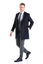 Slim Fit Cachet Notch Lapel Navy Wool Blend Overcoat - SAYKI