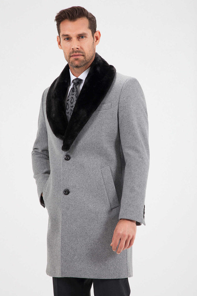 Slim Fit Cachet Notch Lapel Wool Blend Beige Overcoat Gray