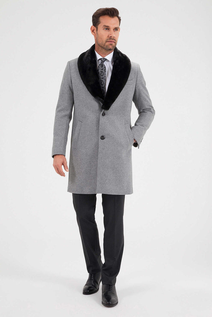 Slim Fit Cachet Notch Lapel Wool Blend Beige Overcoat Gray