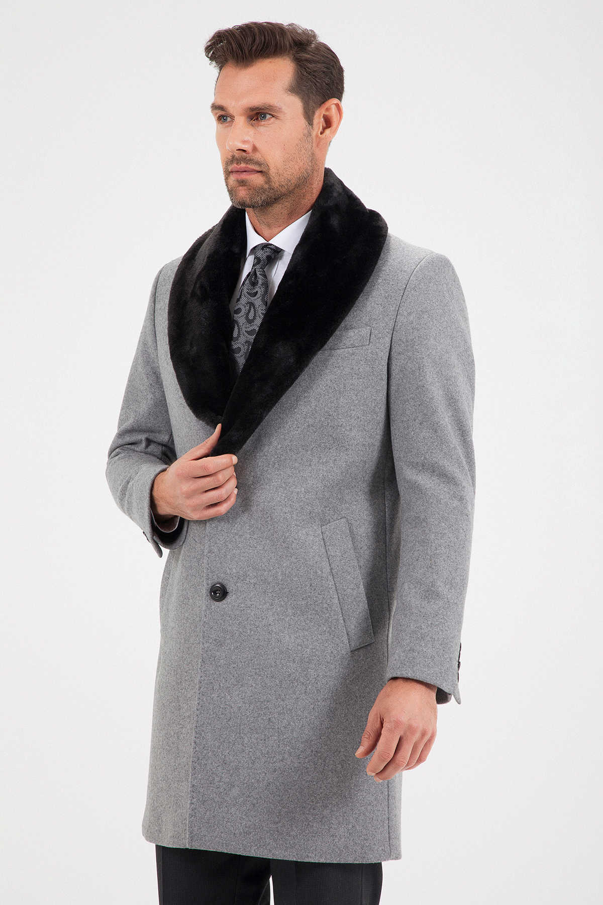 Slim Fit Cachet Notch Lapel Wool Blend Beige Overcoat Gray