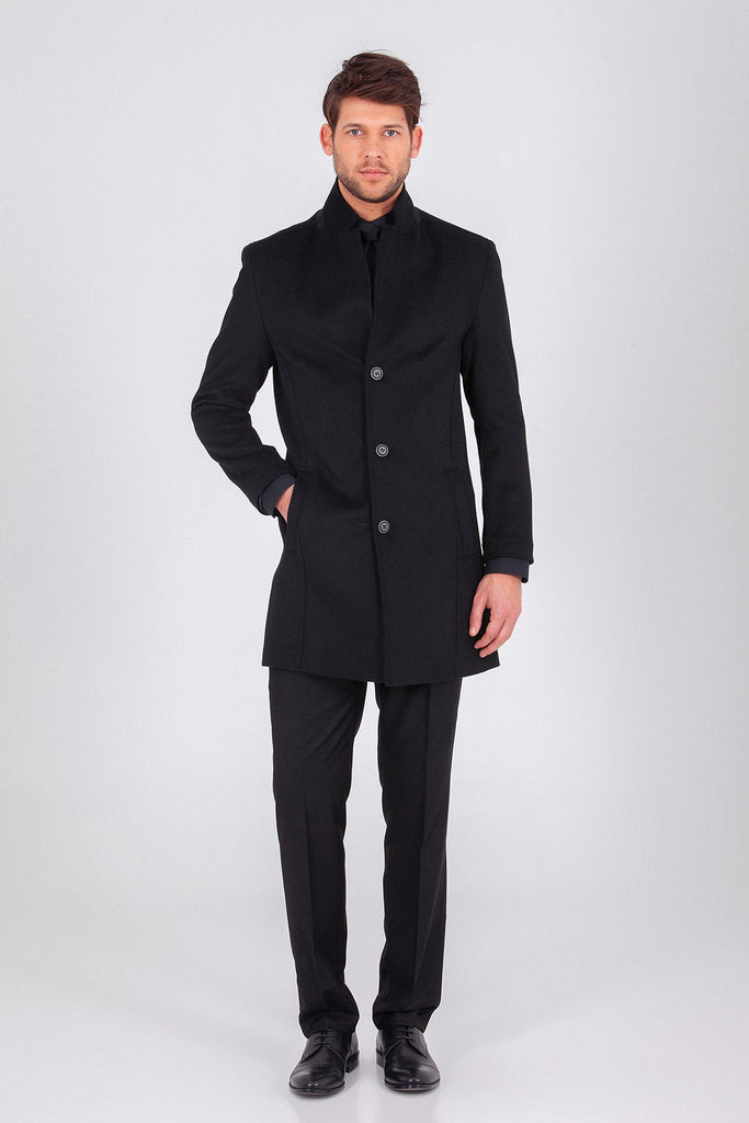 Slim Fit Cachet Notch Lapel Wool Blend Black Overcoat Black