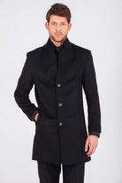 Slim Fit Cachet Notch Lapel Wool Blend Black Overcoat Black