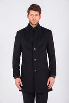 Slim Fit Cachet Notch Lapel Wool Blend Black Overcoat Black