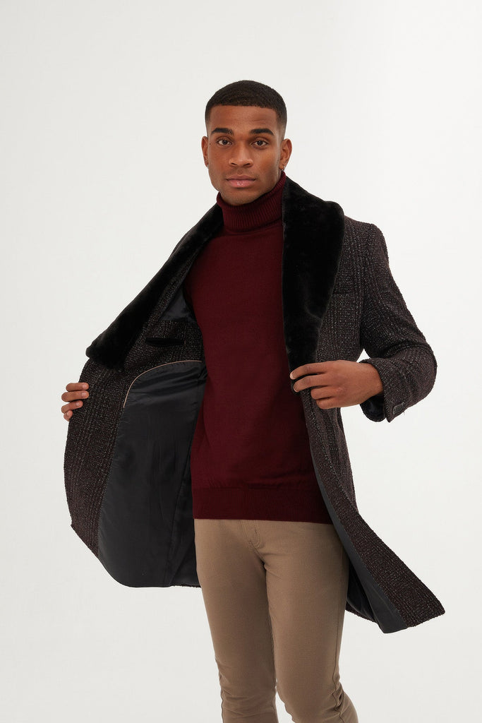 Slim Fit Cachet Notch Lapel Wool Blend Burgundy Overcoat