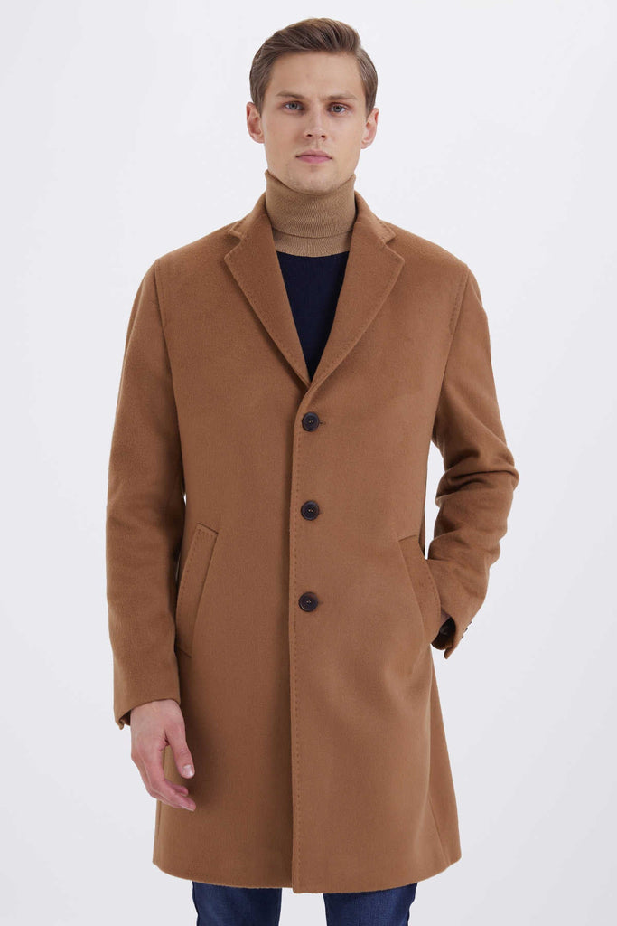 Slim Fit Cachet Notch Lapel Wool Blend Camel Overcoat Camel