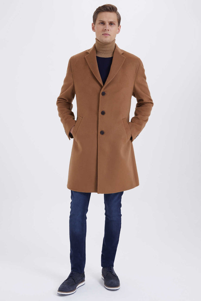 Slim Fit Cachet Notch Lapel Wool Blend Camel Overcoat Camel